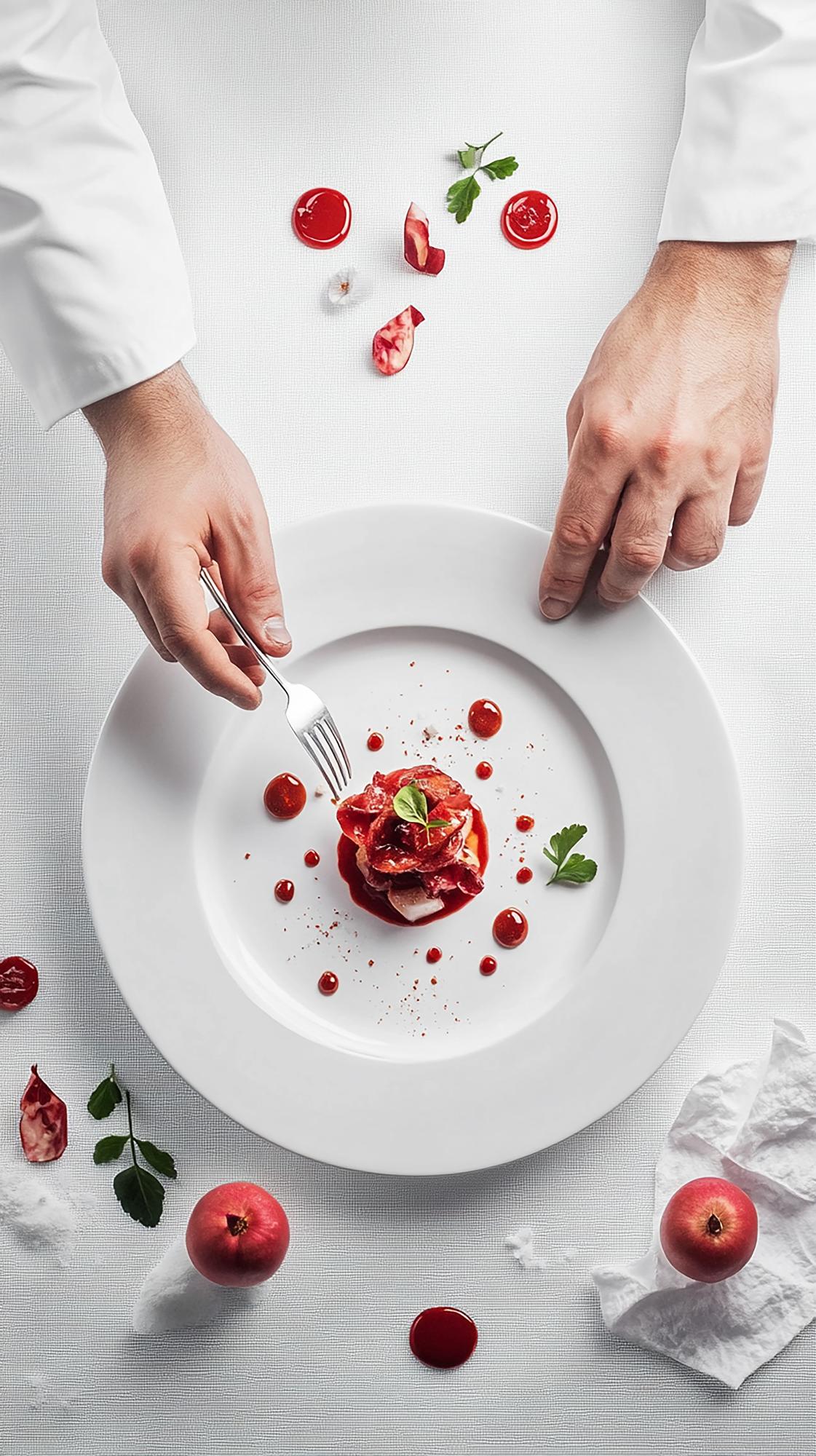 Chef elegante che prepara una composizione di piatti